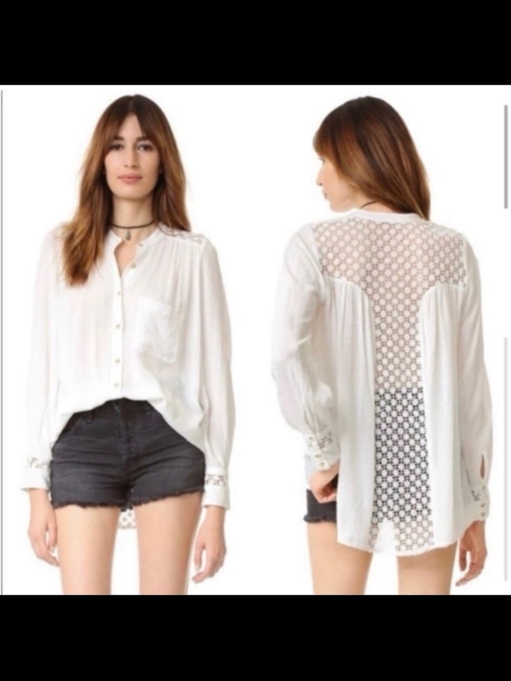 Free People White Button-Front Lace-Back Blouse